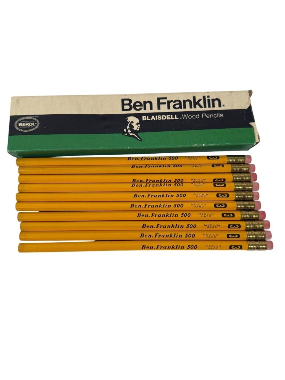 10 Ben Franklin 500 No. 3 Medium Hard Wood Pencils Vintage Blaisdell Box Berol